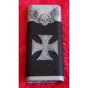Vintage Novelty Black & Silver Butane Lighter w/ Skull & Cross